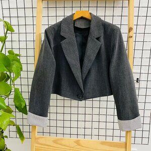 Gray Crop Blazer Striped Cuff One Button Jacket